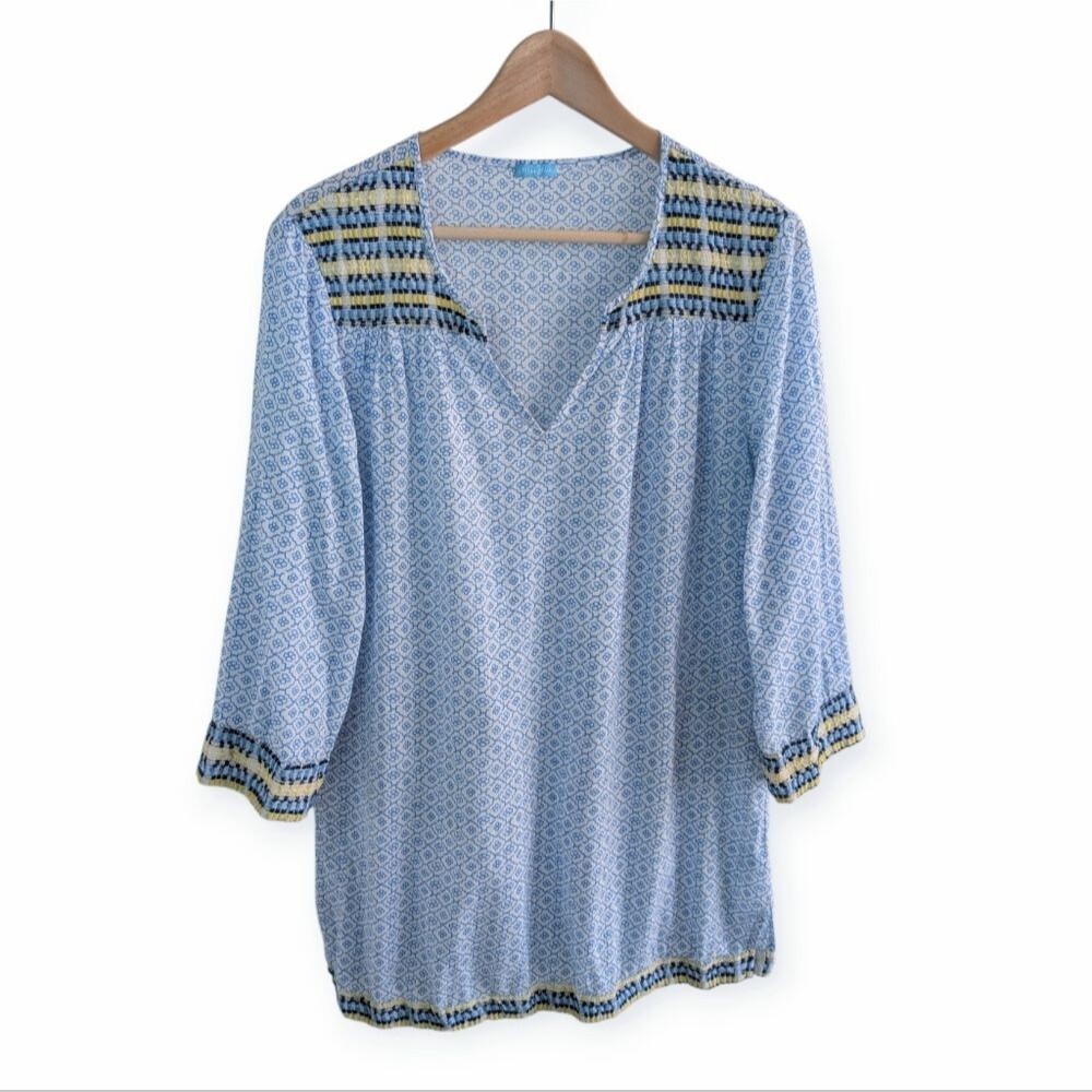 J McLaughlin Patterned Tunic Top Cotton Embroidered Blue XL